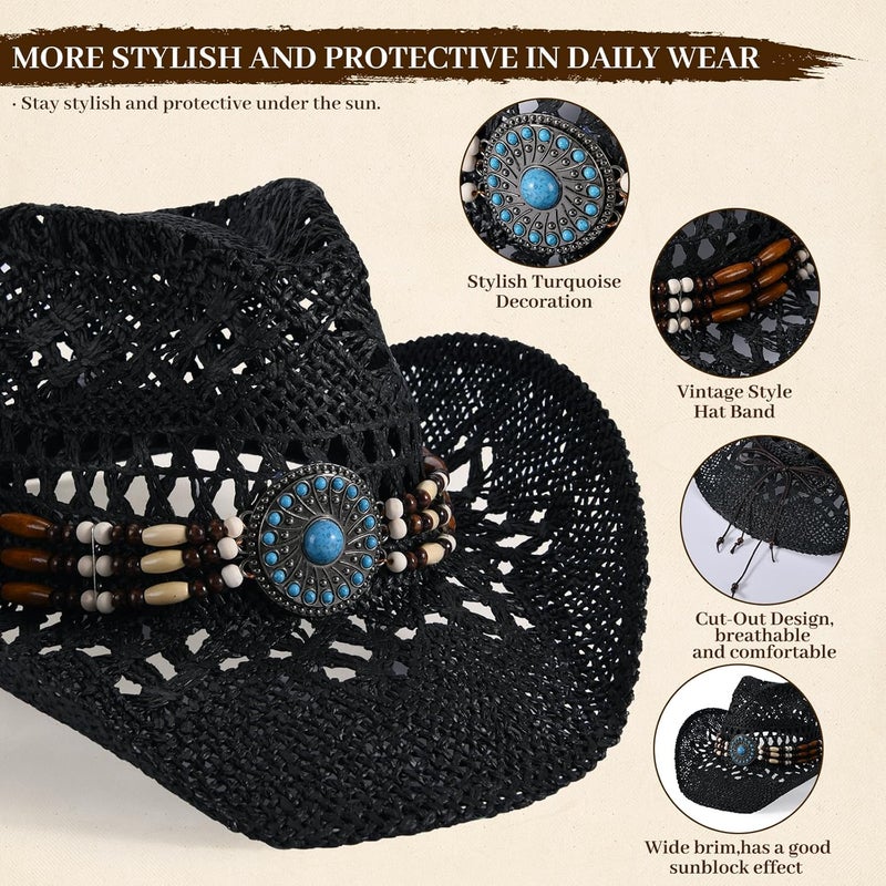 Willheoy Straw Cowboy Hat for Men Womens Straw Cowgirl Hat Summer Western Cowboy Hats with Wide Brim for Cowgirls and Cowboys - Image 2